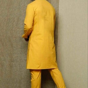 Herrpyjamaset med senapsgrå kurta: Indiska bröllopskläder i 100 % bomull bild 3