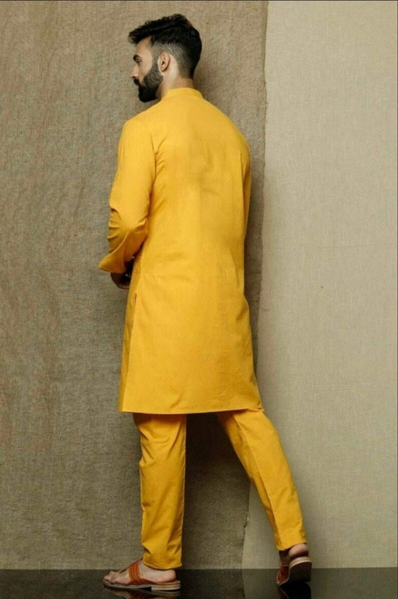 Herrpyjamaset med senapsgrå kurta: Indiska bröllopskläder i 100 % bomull bild 3