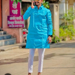 Light Blue Kurta Pajama Set | Indian & Pakistani Kurta Pyjama for Men | New Latest Design Kurta Pyjama | Light Blue Meditation Suits - Blue