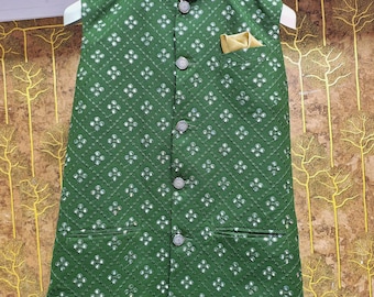 Men's Mehndi Green Georgette Nehru Jacket: Mirror Work Embroidery Waistcoat