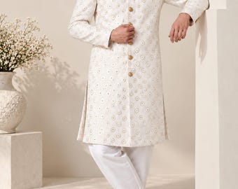 Witte trouwsherwani voor mannen - Bruidegompak van georgette met pailletten en borduurwerk - Indiase trouwoutfit