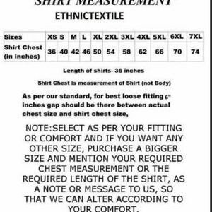 May include: Shirt size chart with measurements in inches for sizes XS to 7XL. The chart shows the shirt chest measurement for each size. The text states that the shirt chest measurement is for the shirt, not the body. It also notes that a 6-inch gap should be between the actual chest size and the shirt chest size for a loose fit. The chart also includes instructions for selecting the correct size and how to request custom sizing.