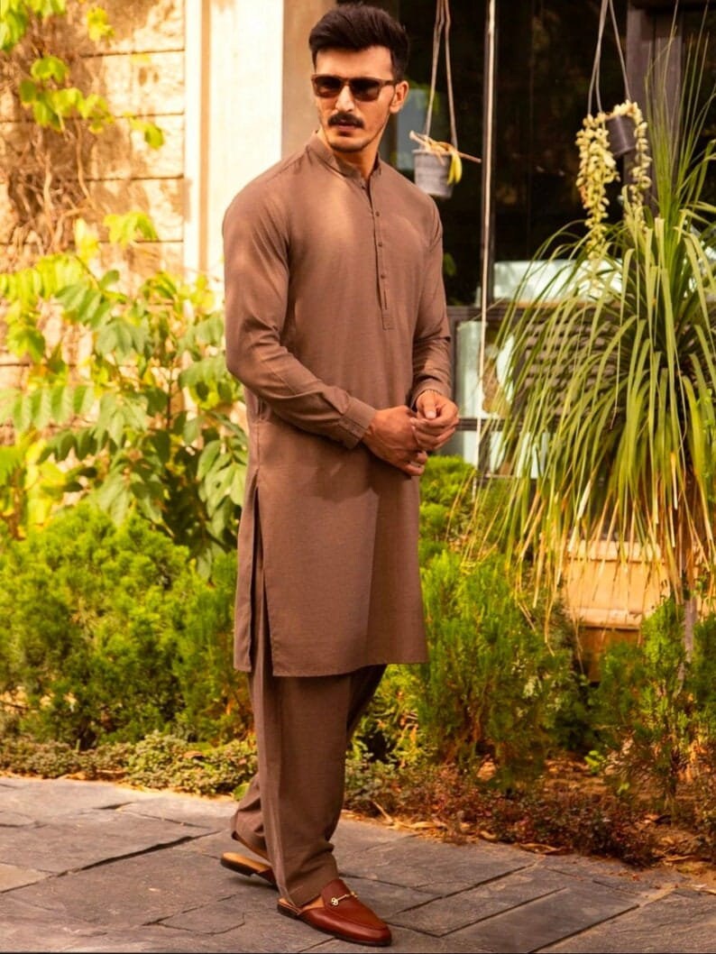 Men Pathani Suit Two Piece Brown Wool Men's Suit for Wedding