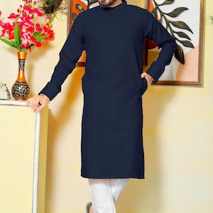 Conjunto de pijama kurta de algodón azul marino: kurta de boda pakistaní para hombre