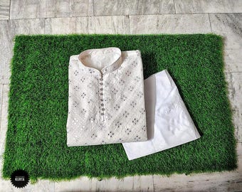 Chikankari Kurta Pajama: Georgette Mirror Work Embroidered Sherwani