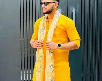 Dark Yellow Cotton-Silk Kurta: Men's Wedding Festive Wear