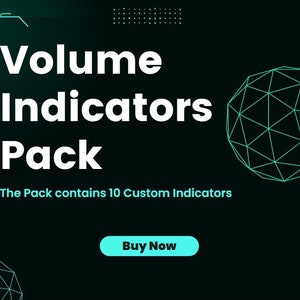 Può includere: Una grafica nera e verde con testo bianco che recita "Volume Indicators Pack". Il pacchetto contiene 10 indicatori personalizzati. Un pulsante turchese recita "Acquista ora".