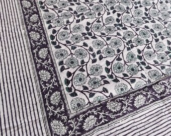 Green And Blue Kantha Quilt Indian Bedspread Hand Block Print Bedcover
