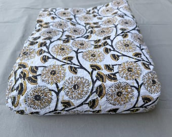 Kantha Quilt Yellow Bedspread Handblocked Print Bedcover Kantha Throw Blanket