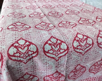 Pink Kantha Quilt Bedspreads Handmade Blocked Print Throw Blanket