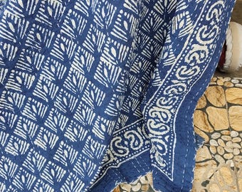 Indigo Hand Block Print Kantha Quilt - Bohemian Cotton Bedding Throw