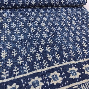 Indigo Blue Kantha Bedspread Indian Handmade Block print Kantha Craft Quilt Bedcover Throw