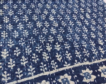 Indigo Blue Kantha Bedspread Indian Handmade Block print Kantha Craft Quilt Bedcover Throw