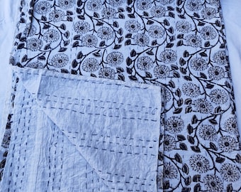 Indian Cotton Kantha Quilt Bedspread Handblocked Print Bedcover Kantha Throw Blanket