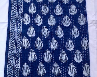 Indigo Blue Kantha Quilt: Hand Block Print Cotton Bedspread
