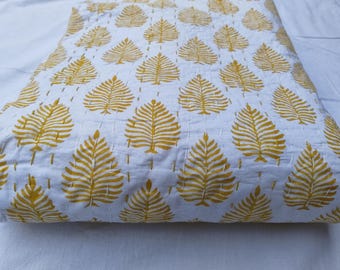 Indian Yellow Kantha Quilt Bedcover Hand Block Print Throw Blanket