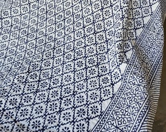 Blue Indian Kantha Quilt Bedcover Hand Block Print Hand Stitching Throw Blanket