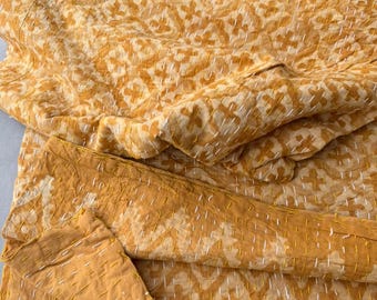 Old Traditional Kantha Quilt Yellow Mustered Color Soft Cotton Boho Throw
