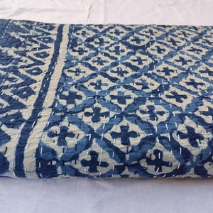 Indigo Blue Kantha Quilt Bedspread Hand Block Dabu Print Kantha Traditional Bedcover