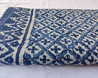 Indigo Blue Kantha Quilt Bedspread Hand Block Dabu Print Kantha Traditional Bedcover