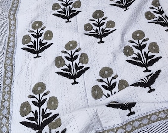 Indian Cotton Kantha Bedcover Hand Block Print Kantha Bedspreads Queen Quilt Throw