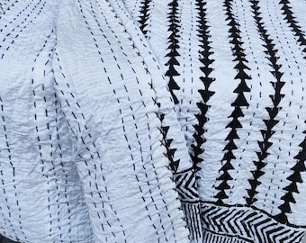 Indian Kantha Quilt Black Bedspread Handblocked Print Bedcover Kantha Throw Blanket