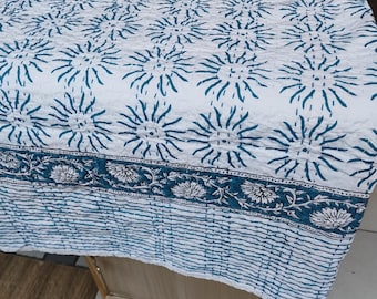Sky Blue Kantha Quilt Indian Bedspread Handblocked Print Bedcover Kantha Throw Blanket