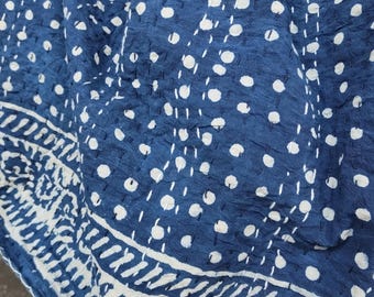 Indigo Blue Kantha Quilt Bedspread Hand Block Print Handmade Kantha Craft