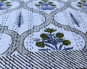 Blue And Green Floral Kantha Bedspreads Handmade Blocked Print Kantha Quilt