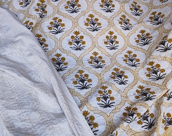 Yellow Floral Kantha Quilt Hand Block Print Indian Cotton Kantha Bedspreads