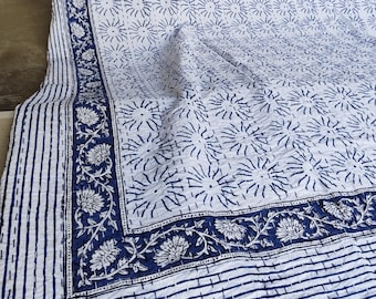 Blue Kantha Quilt Bedspread Handblocked Print Bedcover Kantha Throw Blanket