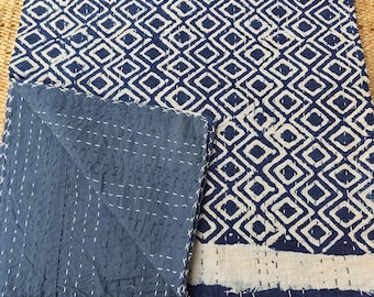 Indian Handmade Indigo Blue Kantha Bedcover Handblocked Print Quilt Indian Bedspreads
