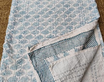 Sky Blue Kantha Bedspread Indian Handmade Kantha Craft Quilt Bedcover