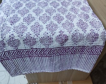 Purple Color Handmade Indian Kantha Bedspread Hand Block Print Kantha Throw All Size