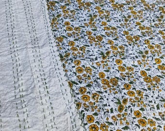 Yellow Floral Hand Block Print Kantha Bedspread Handmade Kantha Throw Blanket