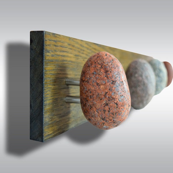 Sea Stone Wall Hook Rack, Coat Rack with 4 natural Beach STONES - Coat, hat, towel, umbrella rack.