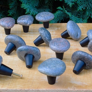 Könnte beinhalten: Eine Sammlung von 14 natürlichen Steinknaufknöpfen mit schwarzen Metallsockeln. Die Knöpfe sind in verschiedenen Formen und Größen und haben ein rustikales, natürliches Aussehen.
