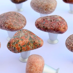 May include: A collection of 12 unique, natural stone cabinet knobs with a silver finish. Each knob is a different shape and size, with a variety of red, brown, and white tones.