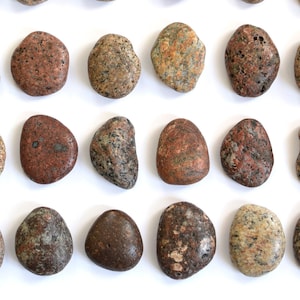 Pode incluir: Uma coleção de 40 pedras lisas, redondas e polidas em vários tons de marrom, cinza e vermelho. As pedras estão dispostas em filas sobre um fundo branco.