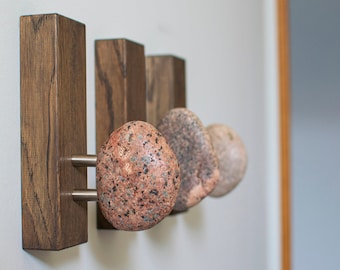 Bathroom stone hooks and robe hangers 3 PCS - Wall coat racks with beach stones - Decorative coat hooks wall mounted