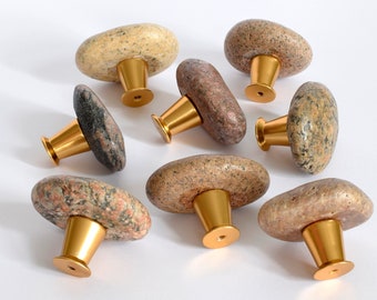 Set of 10 drawer pulls and knobs. Kitchen handles for dressers, cupboards and cabinets. Rock door knobs for dressers. Sea stone gold handles