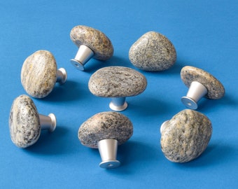 Decorative stone pulls, cabinet drawer knobs. Rock door knobs for dressers. Sea stone door handles set.