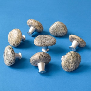 Decorative stone pulls, cabinet drawer knobs. Rock door knobs for dressers. Sea stone door handles set.