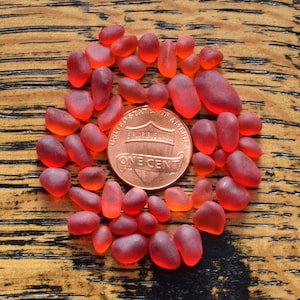 Puede incluir: Un círculo de cuentas de vidrio de mar rojo que rodea una moneda de un centavo de los Estados Unidos. La moneda está centrada en la imagen y las cuentas están dispuestas alrededor de ella en un patrón circular.