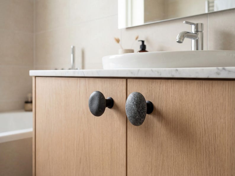 Rustic beach stone cabinet knobs on a dining room sideboard, featuring smooth, natural pebble textures. Ideal for drawers, cupboards, and console tables, these handmade pulls combine functional hardware with coastal elegance, bringing tactile and visual interest to furniture while enhancing farmhouse, bohemian, or Scandinavian-inspired interiors.