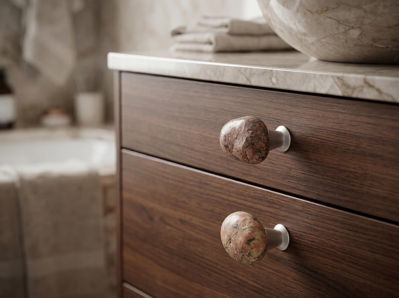 Handmade rock drawer pulls on a minimalist console table, highlighting organic pebble shapes and polished finishes. These natural stone knobs are perfect for drawers, cabinets, or sideboards, providing functional hardware and subtle coastal accents, creating a tactile, visually striking feature that enhances modern, rustic, and eco-conscious interior decor.