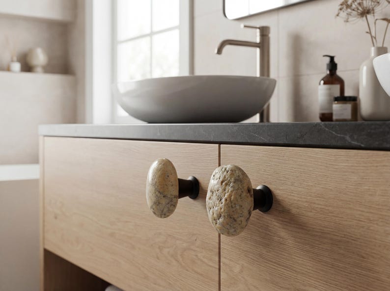 Artisan-crafted rock knobs on a sideboard, emphasizing irregular shapes and smooth, polished finishes. These handmade beach stone drawer pulls are ideal for cabinets, storage units, or nightstands, adding tactile and visual appeal while enhancing interior design with coastal elegance, rustic charm, and natural, one-of-a-kind beauty.