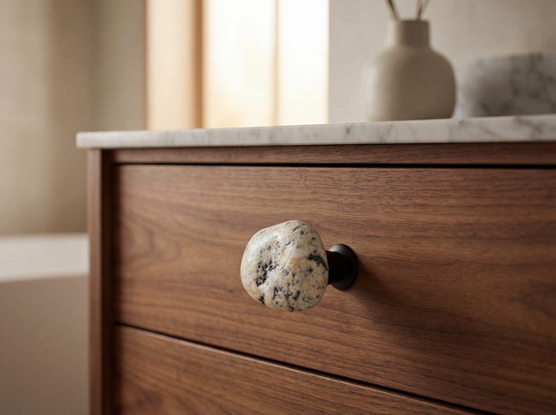 Artisan-crafted rock drawer pulls on a rustic side table, highlighting smooth, natural pebble surfaces. Perfect for cabinets, storage units, or chests of drawers, these beach stone handles bring tactile appeal and handcrafted coastal charm to furniture, combining functionality with unique, one-of-a-kind decorative accents in bedrooms, kitchens, or living rooms.