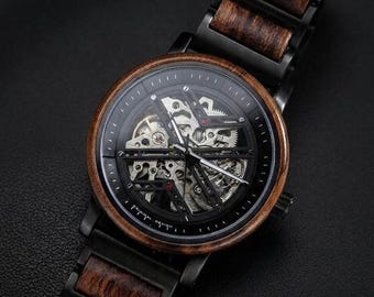 1st Anniversary Gift for Him - Engraved Wooden Watch - Personalized Mechanical Watch for Husband - Skeleton Dial - Custom Wood Watch Gift