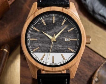 Birthday Gift for Him - Engraved Leather Wooden Watch - Personalized Gift for Husband Boyfriend - 1st Anniversary Gift - Custom Mens Watch